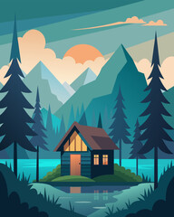 Surrounded by tall trees and a serene landscape the cabin is the perfect escape for the busy freelancer seeking solitude.. Vector illustration