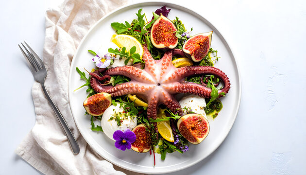 a, octopus, tentacles, salad, with, figs, fid, food, meal, colorful, top, view, new, modern, delicious, appetizer, meat, fresh, seafood, fish, lunch, onion, restaurant, gourmet, burrata, cheese, pesto