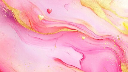 Abstract marble texture background with heart shapes and gold accent