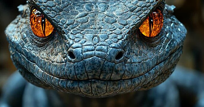 Close-up of a reptile's face. The reptile has blue scales with two amber eyes. Background is a blurred of the reptile's head