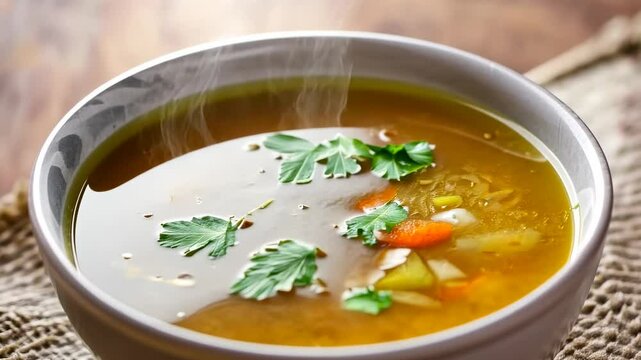 Steam rising from a bowl of hot, vegetable soup