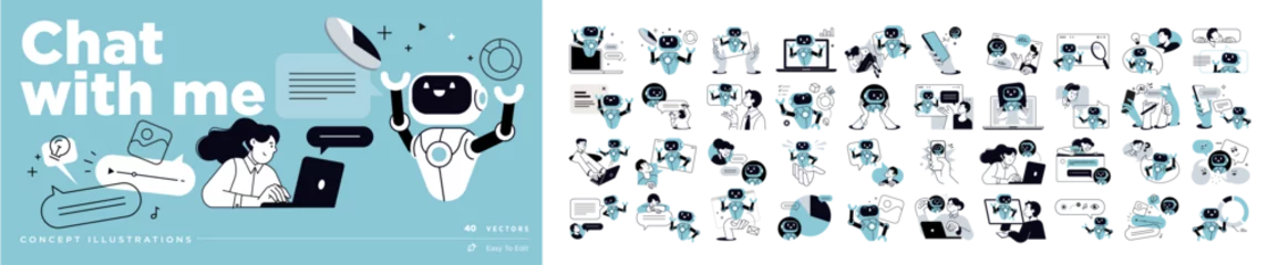Naadloos Fotobehang Airtex Chat with me vector illustrations. Concepts of online communication, chat ai, chatbot, ai virtual assistant, video and image generator, chatting, support, Artificial Intelligence technology. © PureSolution