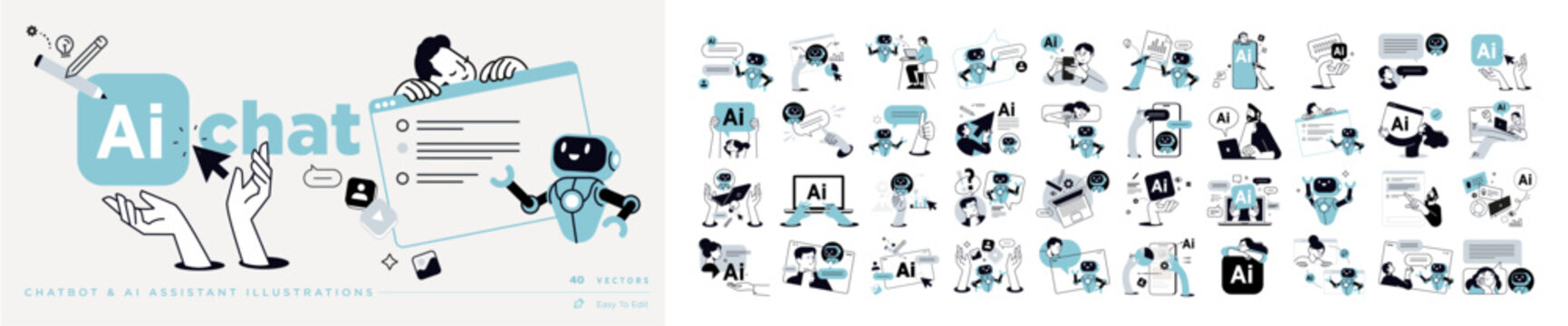 Ai chat vector illustrations. Concepts of ai chatbot, ai assistant, online communication, chat ai, app and services, Artificial Intelligence technology.