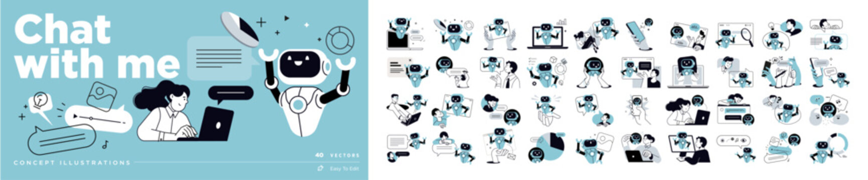 Chat with me vector illustrations. Concepts of online communication, chat ai, chatbot, ai virtual assistant, video and image generator, chatting, support, Artificial Intelligence technology.