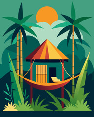 Away from the hustle and bustle of city life a serene bamboo cabin offers the ideal ambiance to work remotely with a hammock for breaks.. Vector illustration