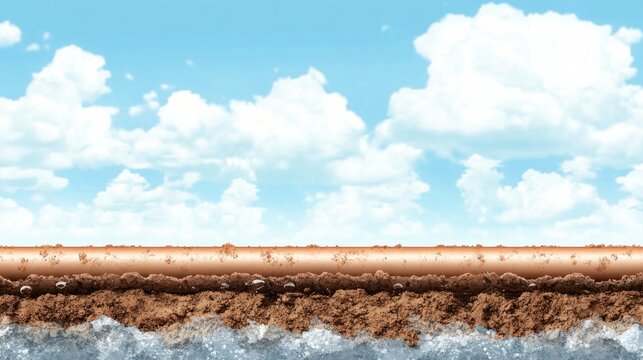 Copper pipe buried in earth, beneath a clear sky