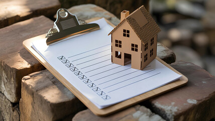 Clipboard with checklist and miniature cardboard house symbolizing home renovation planning and moving tasks on stone background. Real estate arrangement or fixing for sale or mortgage 