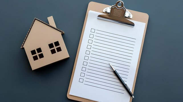Clipboard with checklist and miniature cardboard house symbolizing home renovation planning and moving tasks on stone background. Real estate interior and exterior project fixing for sale or mortgage 