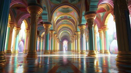 Interior of a luxurious moroccan palace with ornate archways.