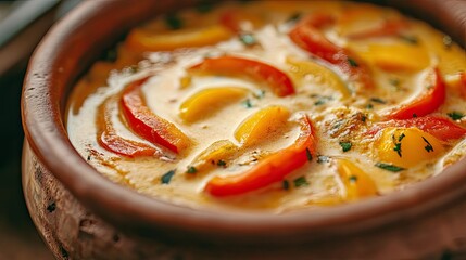 Close-up of moqueca (Brazilian fish stew) bubbling in clay pot, red and yellow bell peppers and coconut milk swirl, vibrant tones
