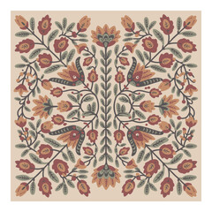 Folk Art Pattern, Symmetrical Floral Motif, Earthy Colors Design, Symmetrical Floral Folk Art Pattern with Earthy Tones © ATIQULISLAM