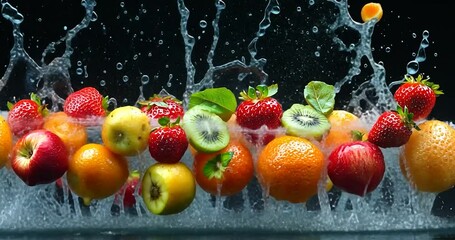Close-up of various fresh fruits in a water splash against a black backdrop. Red apples, oranges, strawberries, kiwi, and other fruits are shown, all of which are wet. The background is black - Powered by Adobe