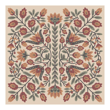 Fototapeta Folk Art Pattern, Symmetrical Floral Motif, Earthy Colors Design, Symmetrical Floral Folk Art Pattern with Earthy Tones