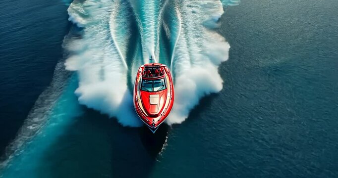 Aerial view of the red boat, showcasing speed, water trail, and the vibrant colors of the sea