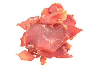 Dried pork jerky isolated on white. Snack for beer.