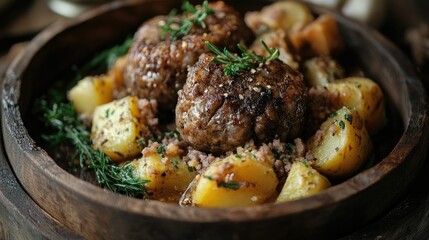 Close-up of Scottish haggis with neeps and tatties, rustic presentation and earthy tones