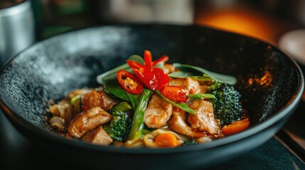 Close-up of Thai pad see ew with glossy noodles, Chinese broccoli, and pork, savory umami tones
