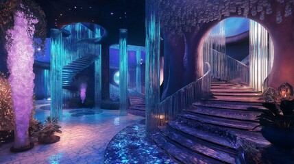A large hall with arched windows reflecting vibrant pink, purple, and blue lights.