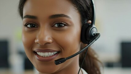 Close-up of a smiling Black woman wearing a headset, likely providing customer service or support. Her expression is friendly and professional.