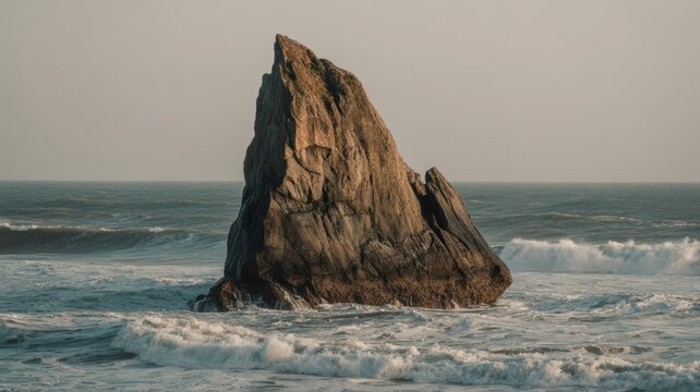 Dramatic seaside rock formation amidst crashing ocean waves at sunset