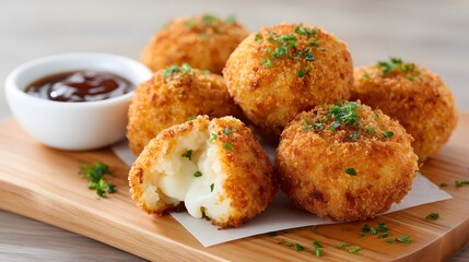 Fototapeta premium Delicious crispy golden cheese balls served on a wooden board with dipping sauce