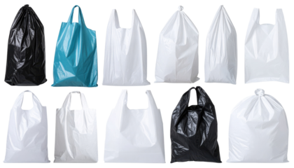 Various white, black, and blue plastic bags in different shapes and styles displayed in two rows.