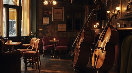 Moody bohemian jazz lounge with vintage chairs and ambient light in cozy corner bar