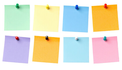 Eight colorful square sticky notes pinned in two rows, featuring green, yellow, blue, orange, purple, black, white, and pink notes.