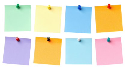 Eight colorful square sticky notes pinned in two rows, featuring green, yellow, blue, orange, purple, black, white, and pink notes.