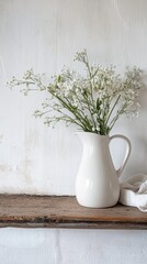 A charming white pitcher filled with delicate flowers placed on a rustic wooden shelf, perfect for brightening any interior space with a touch of elegance and nature's beauty.