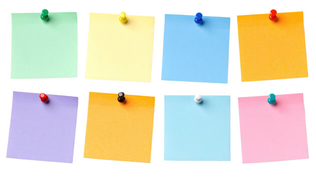 Eight colorful square sticky notes pinned in two rows, featuring green, yellow, blue, orange, purple, black, white, and pink notes. - Powered by Adobe