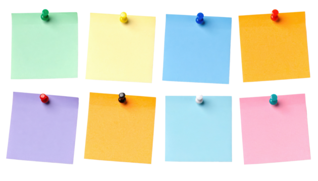 Eight colorful square sticky notes pinned in two rows, featuring green, yellow, blue, orange, purple, black, white, and pink notes.