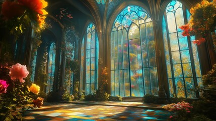 A glass conservatory with blooming flowers and stained glass windows.