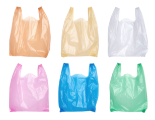 Six different colored plastic shopping bags arranged in two rows, showcasing common grocery bag shapes.