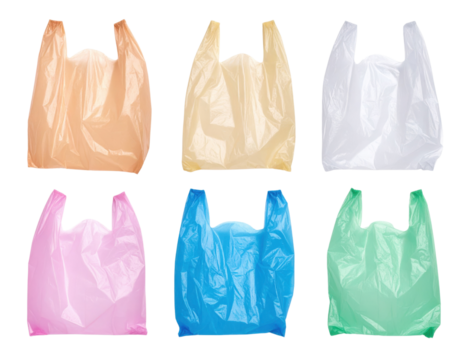 Six different colored plastic shopping bags arranged in two rows, showcasing common grocery bag shapes.