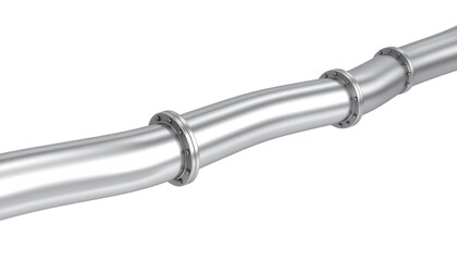 Fototapeta premium A curved, metallic pipeline with bolted flange joints, showcasing a smooth and reflective surface.