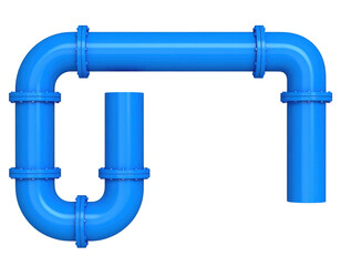 A blue industrial pipe system with multiple sections and flanges forming a rectangular shape with a vertical extension.