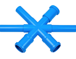 Blue plastic plumbing pipe connector with six outlets arranged in a star shape.