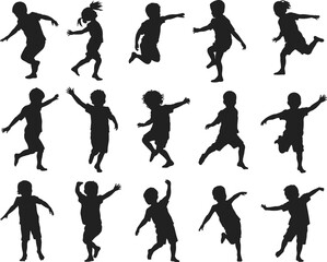 Silhouette of Active Children Jumping and Playing – Kids in Motion Isolated on White Background for Sports, Fitness, and Education Concepts flat vector illustration