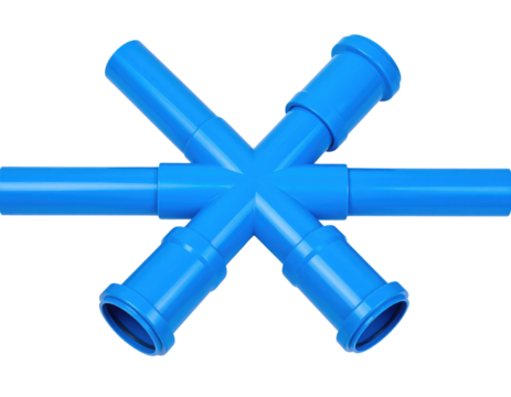 Blue plastic plumbing pipe connector with six outlets arranged in a star shape.