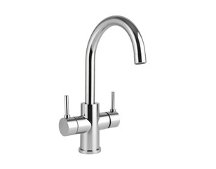 Sleek modern chrome kitchen faucet with dual handles and a curved spout.