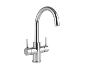 Sleek modern chrome kitchen faucet with dual handles and a curved spout.