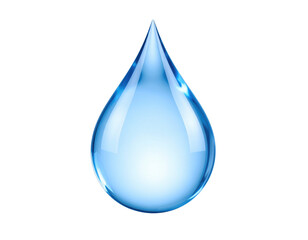 A single, glossy blue water droplet with reflective highlights, showcasing a smooth and clear surface.