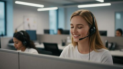 A happy call center agent smiles while assisting a customer in the office. - Powered by Adobe
