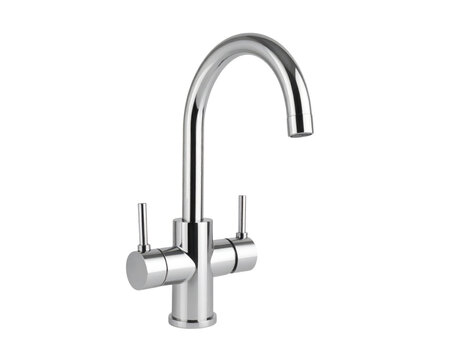 Sleek modern chrome kitchen faucet with dual handles and a curved spout. - Powered by Adobe