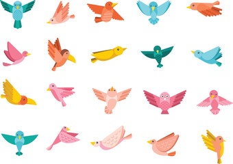 ollection of various bird species icons, vector cartoon illustration. Features swan, owl, raven, peacock, falcon, toucan, puffin.