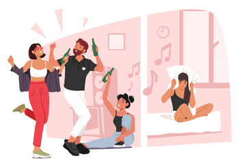 Woman suffering from loud party of friends in neighbor flat apartment cartoon privacy problem scene