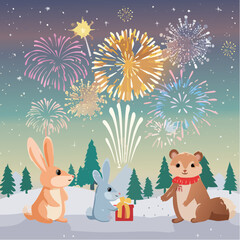 Fototapeta premium Fireworks shaped like animals for New Year 