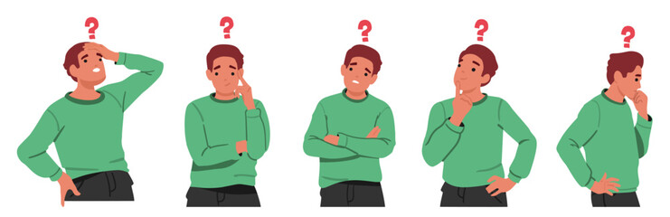 Young man cartoon character with question mark above thinking searching answers isolated set