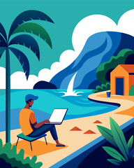 Fototapeta premium The sound of waves crashing against the shore can be heard in the background as a digital nomad works from the villas outdoor patio.. Vector illustration